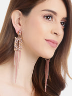 Peach-Coloured & Pink Stone-Studded Tasselled Geometric Drop Earrings
