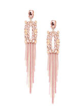 Peach-Coloured & Pink Stone-Studded Tasselled Geometric Drop Earrings