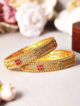 Set of 2 24K Gold-Plated Red & Green Ruby Stone-Studded Filigree Handcrafted Bangles