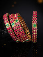 Set Of Two 22K Gold-Plated Pink & Green Stone-Studded Sustainable Handcrafted Bangles