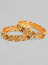 Set of 2 24K Gold-Plated Red & Green Ruby Stone-Studded Filigree Handcrafted Bangles