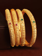 Set Of 4 24K Gold-Plated Red & Green Stone-Studded Handcrafted Bangles