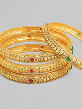 Set Of 4 24K Gold-Plated Red & Green Stone-Studded Handcrafted Bangles