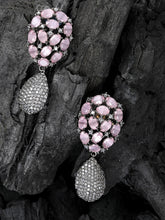 Pink & Gunmetal-Toned Silver-Plated Handcrafted Teardrop Shaped Drop Earrings